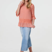 Lace Trim 3/4 Flared Sleeve Blouse