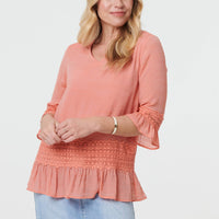 Lace Trim 3/4 Flared Sleeve Blouse