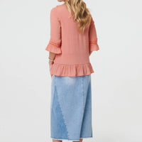 Lace Trim 3/4 Flared Sleeve Blouse
