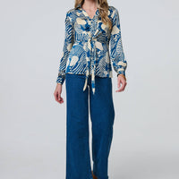 Printed Tie Front Long Sleeve Blouse