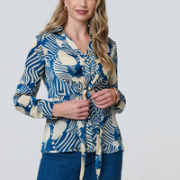 Printed Tie Front Long Sleeve Blouse