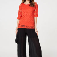 Floral Lace 3/4 Sleeve Relaxed Blouse