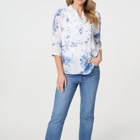 Floral 3/4 Sleeve Lace Trim Blouse