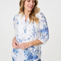 Floral 3/4 Sleeve Lace Trim Blouse