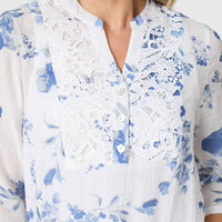 Floral 3/4 Sleeve Lace Trim Blouse