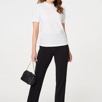 Lace Texture Frilled Short Sleeve Blouse