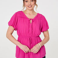 Ruched Short Puff Sleeve Peplum Blouse