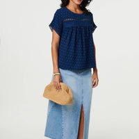 Lace Trim Short Sleeve Button Back Blouse