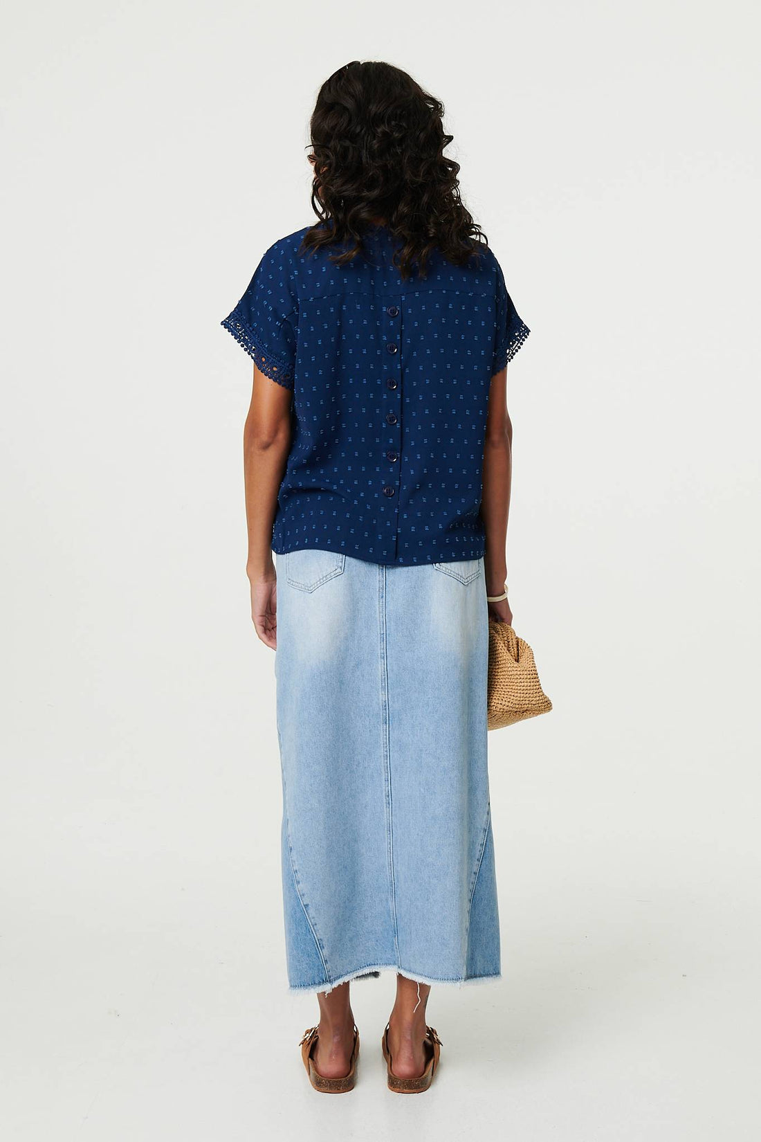 Lace Trim Short Sleeve Button Back Blouse