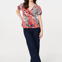Ditsy Floral Faux Wrap V-Neck Top