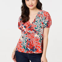 Ditsy Floral Faux Wrap V-Neck Top