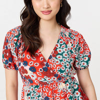 Ditsy Floral Faux Wrap V-Neck Top