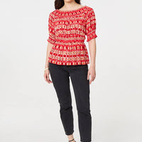 Printed Shirred 1/2 Sleeve Bardot Top