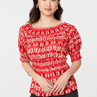 Printed Shirred 1/2 Sleeve Bardot Top
