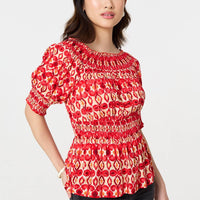 Printed Shirred 1/2 Sleeve Bardot Top