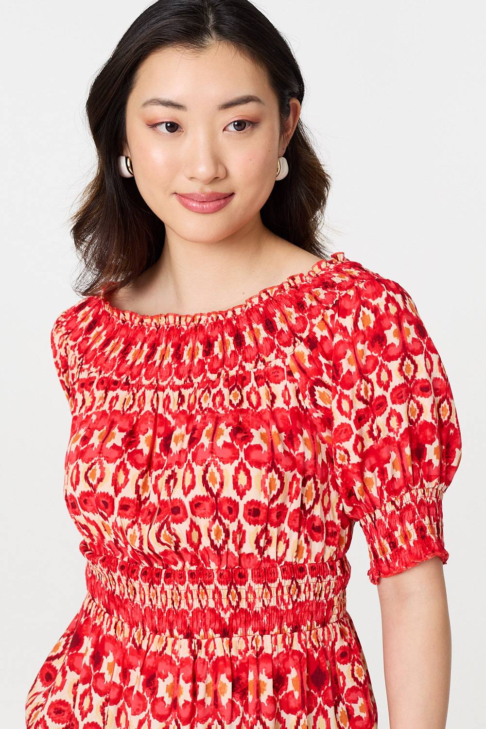 Printed Shirred 1/2 Sleeve Bardot Top