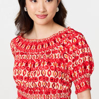 Printed Shirred 1/2 Sleeve Bardot Top