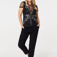 Geometric Sequin Mesh Short Sleeve Top