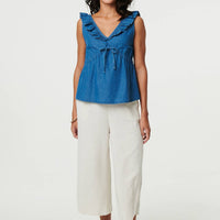 Denim Frill Trim V-Neck Peplum Top