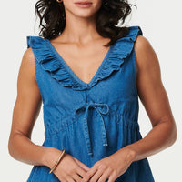 Denim Frill Trim V-Neck Peplum Top