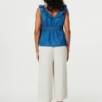Denim Frill Trim V-Neck Peplum Top