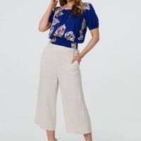 Leaf Print Bardot Puff Sleeve Crop Top