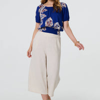 Leaf Print Bardot Puff Sleeve Crop Top
