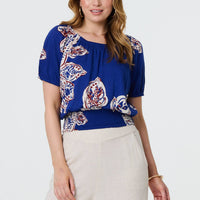 Leaf Print Bardot Puff Sleeve Crop Top