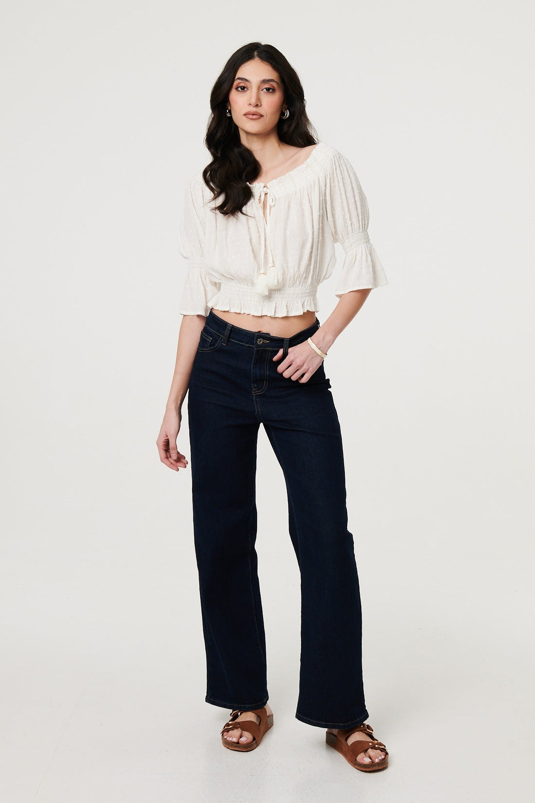 Textured Bardot Ruched Crop Top
