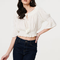 Textured Bardot Ruched Crop Top
