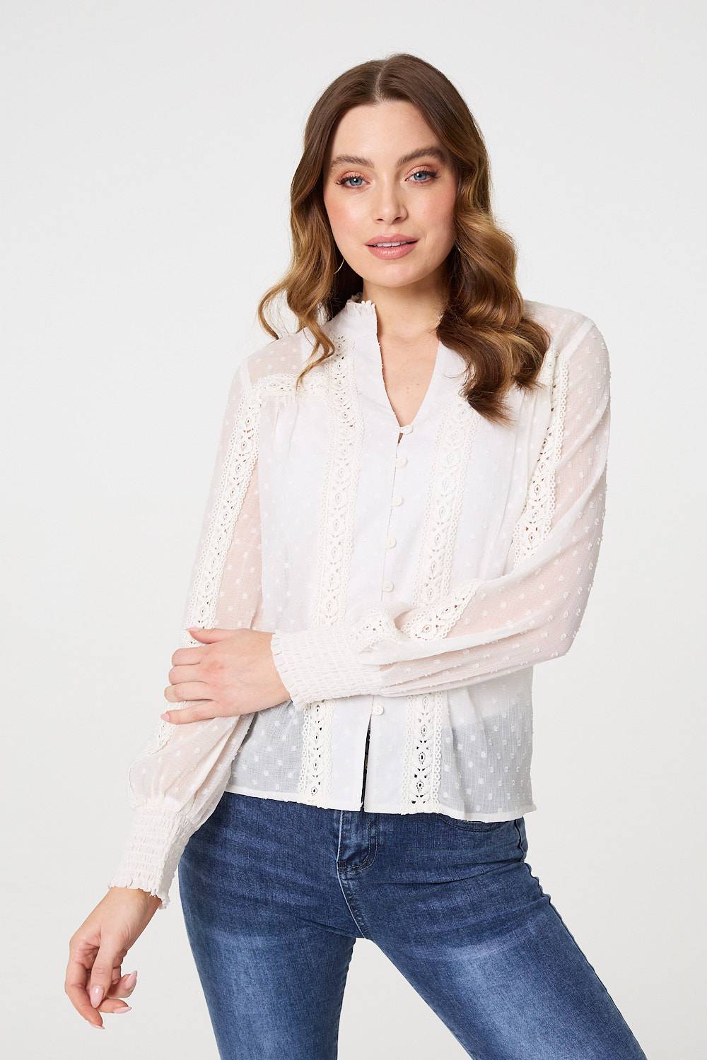 Lace Trim High Neck Long Sleeve Blouse
