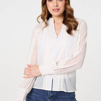 Lace Trim High Neck Long Sleeve Blouse