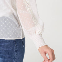 Lace Trim High Neck Long Sleeve Blouse