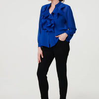 Sheer Ruffled V-Neck Long Sleeve Blouse