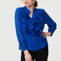 Sheer Ruffled V-Neck Long Sleeve Blouse