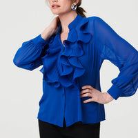 Sheer Ruffled V-Neck Long Sleeve Blouse