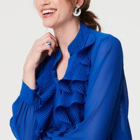 Sheer Ruffled V-Neck Long Sleeve Blouse