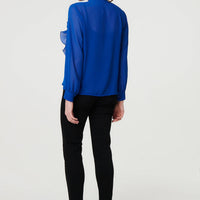 Sheer Ruffled V-Neck Long Sleeve Blouse