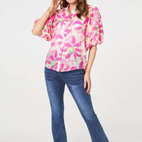 Floral Puff Sleeve Collared Shirt