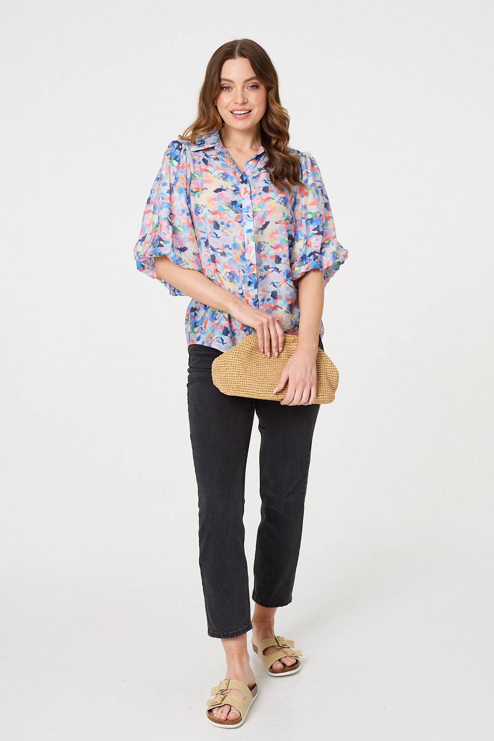 Printed Puff Sleeve Collared Shirt