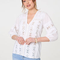 Lace Trim 3/4 Sleeve V-Neck Blouse