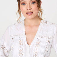 Lace Trim 3/4 Sleeve V-Neck Blouse