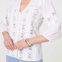 Lace Trim 3/4 Sleeve V-Neck Blouse