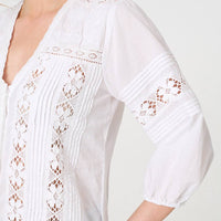 Lace Trim 3/4 Sleeve V-Neck Blouse
