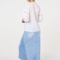 Lace Trim 3/4 Sleeve V-Neck Blouse