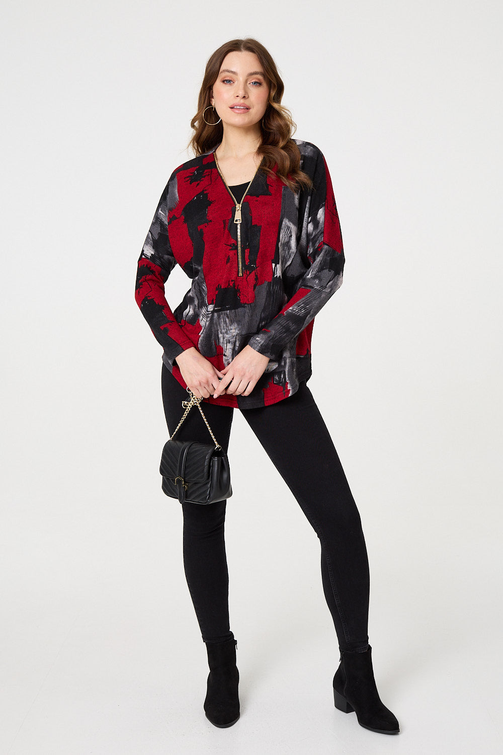 Abstract Zip Front Long Sleeve Top