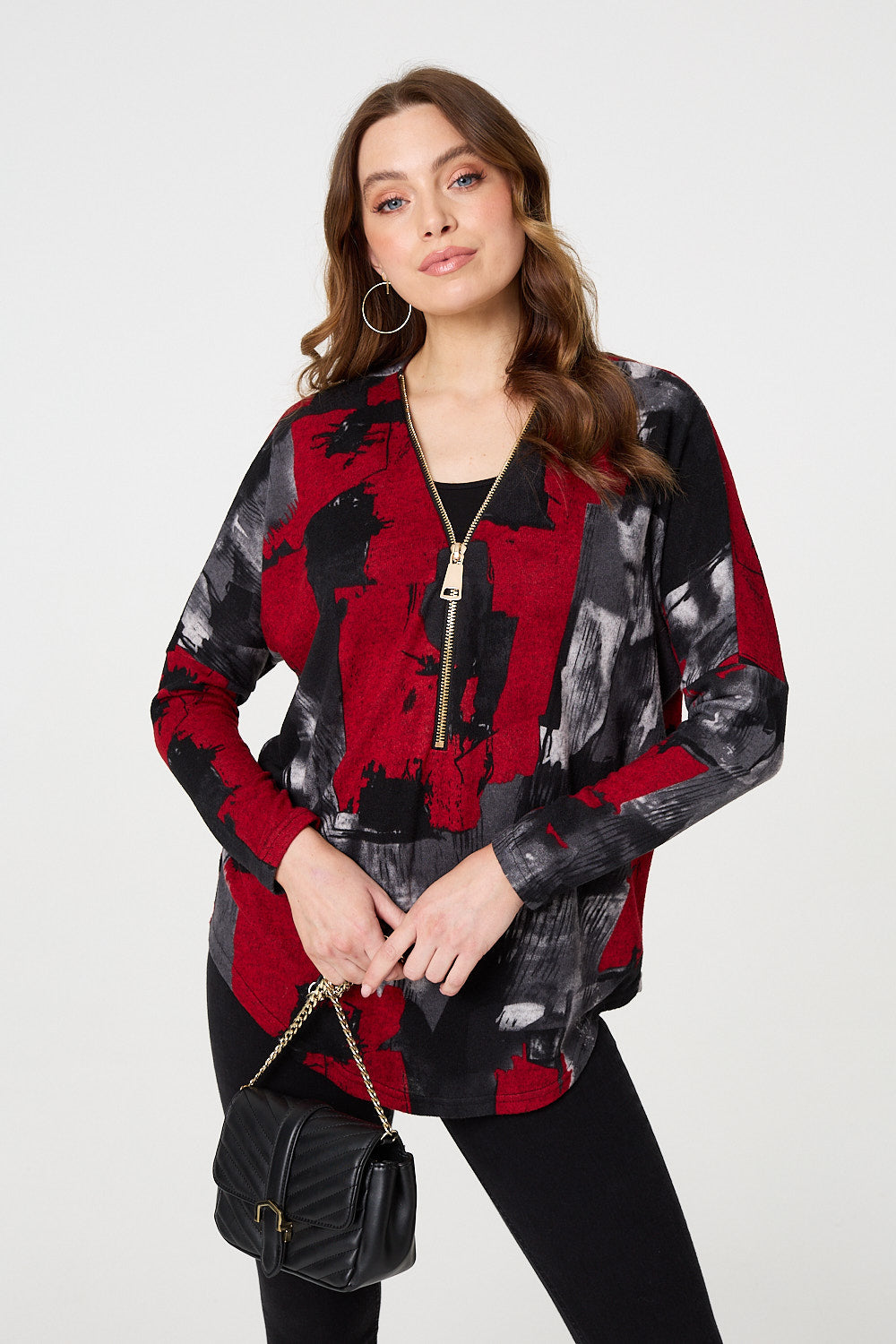 Abstract Zip Front Long Sleeve Top