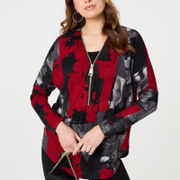 Abstract Zip Front Long Sleeve Top
