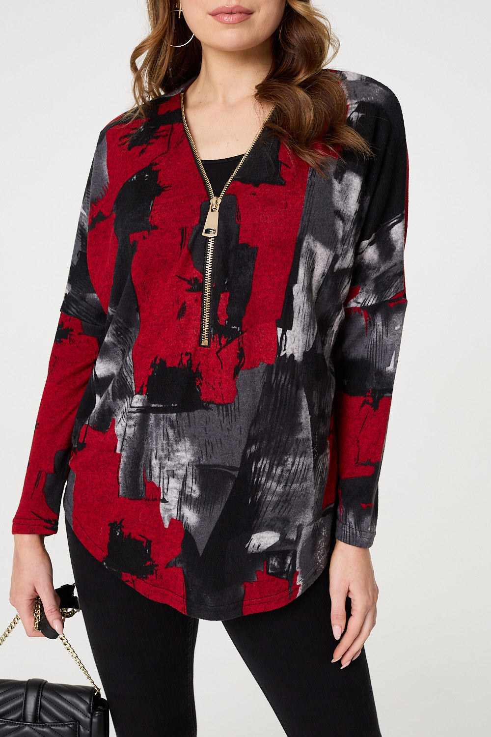 Abstract Zip Front Long Sleeve Top