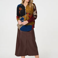 Abstract Zip V-Neck Long Sleeve Relaxed Top
